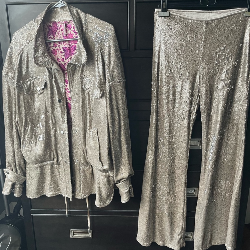 Free People All Over Silver Micro-Sequins Beige Pants and Jacket Sizes Small & 8